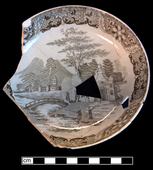 Pearlware printed underglaze in brown. Rim diameter: 5.50”; Base diameter: 3.50”; Lots: 1G1.852, 1.797.21. 18BC38